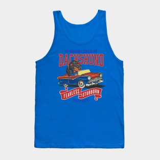 Humor Funny and Cute Doxie Dachshund dog driving a vintage classic car with red white and blue flags Tank Top